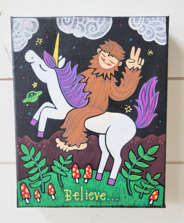 Believe...Sasquatch on a Unicorn 8x10" Original Painting