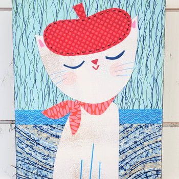 Cat In Hat-Blue 6x8" Original Collage