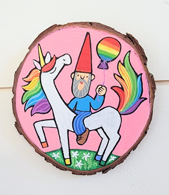 Rainbow Unicorn and Gnome 5" Painted Round