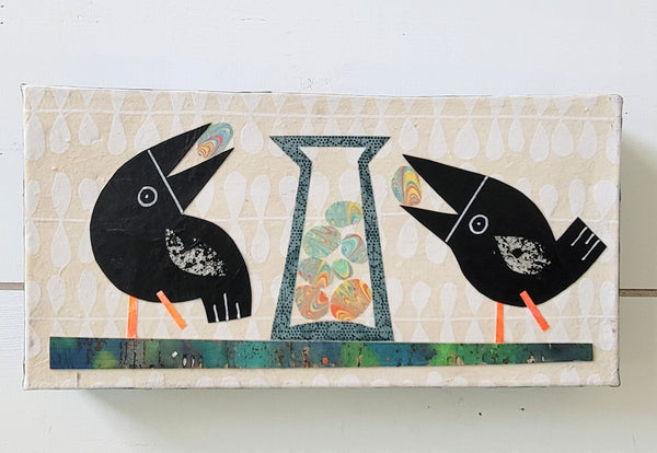 Crows and Pebbles-Working Together 6x12" Original Collage