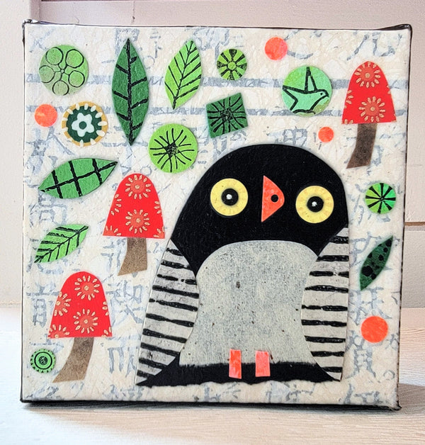 Hoo Hoo In Mushrooms 6x6" Original Collage