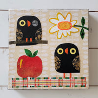 Owls With Apple and Daisy 10x10" Original Collage