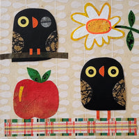 Owls With Apple and Daisy 10x10" Original Collage