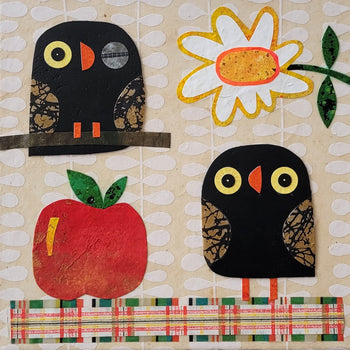Owls With Apple and Daisy 10x10" Original Collage