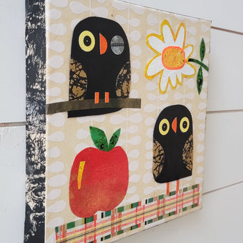 Owls With Apple and Daisy 10x10" Original Collage