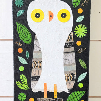 Owl On a Stump At Midnight 6x12" Original Collage
