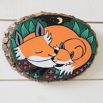 Nap Time for Foxes Painted  Wooden Pine 6" Round