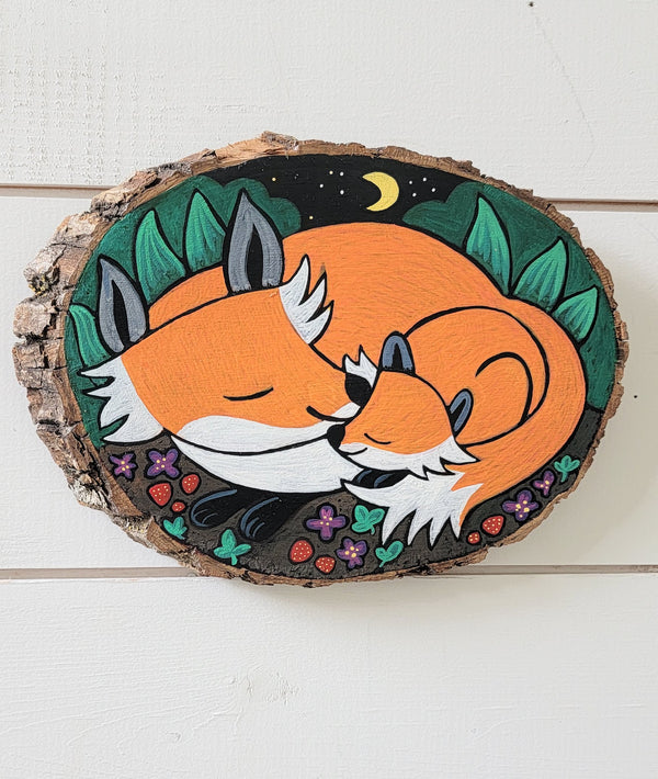 Nap Time for Foxes Painted  Wooden Pine 6" Round