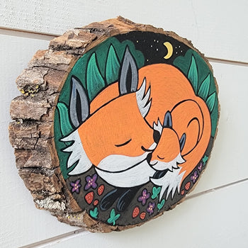 Nap Time for Foxes Painted  Wooden Pine 6" Round