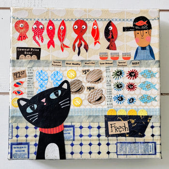 Market Kitty 8x8" Original Collage Portugal Fish Series