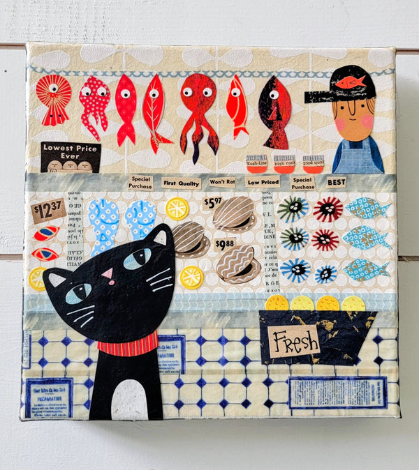Market Kitty 8x8" Original Collage Portugal Fish Series