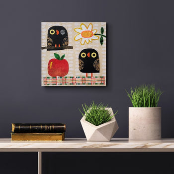 Owls With Apple and Daisy 10x10" Original Collage