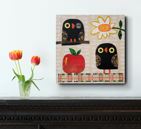 Owls With Apple and Daisy 10x10" Original Collage