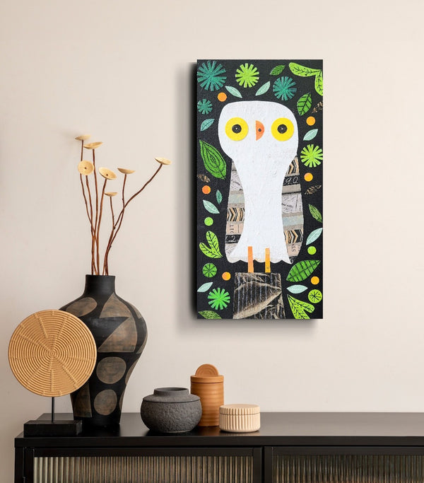 Owl On a Stump At Midnight 6x12" Original Collage