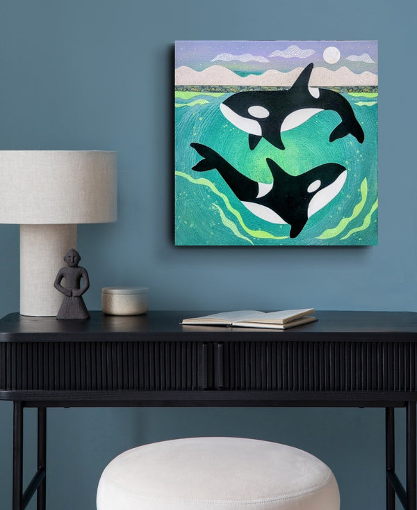 Orcas'Midnight Swim 12x12" Original Collage