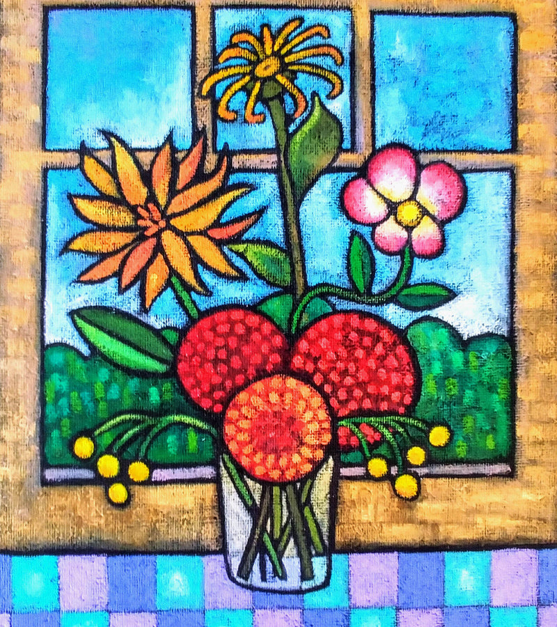 Kate Endle burlap painting of vase with flowers