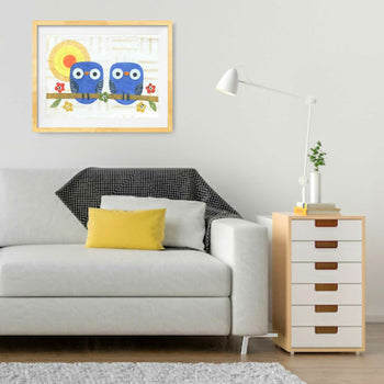 Blue Owlets on a Branch Print