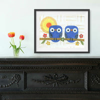 Blue Owlets on a Branch Print