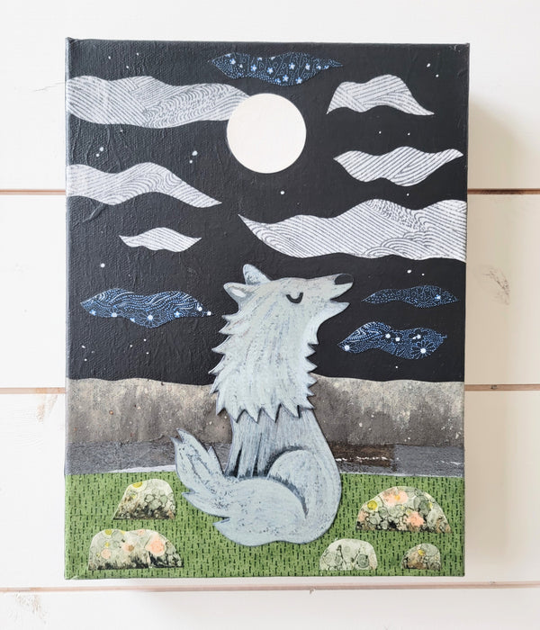 Wolf At Midnight 9x12" Original Collage